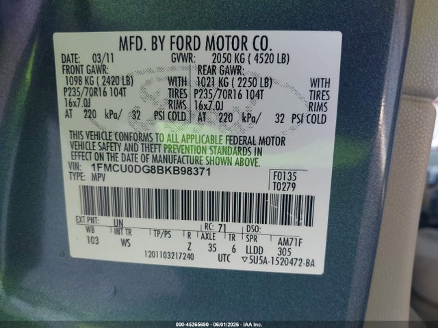 Aukcja sprzedaży 2011 Ford Escape Xlt, vin: 1FMCU0DG8BKB98371, numer aukcji: 45265690