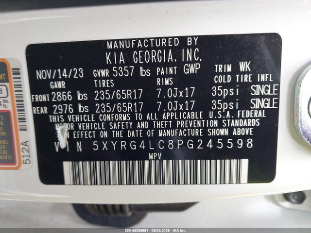 Aukcja sprzedaży 2023 Kia Sorento Lx, vin: 5XYRG4LC8PG245598, numer aukcji: 45265691