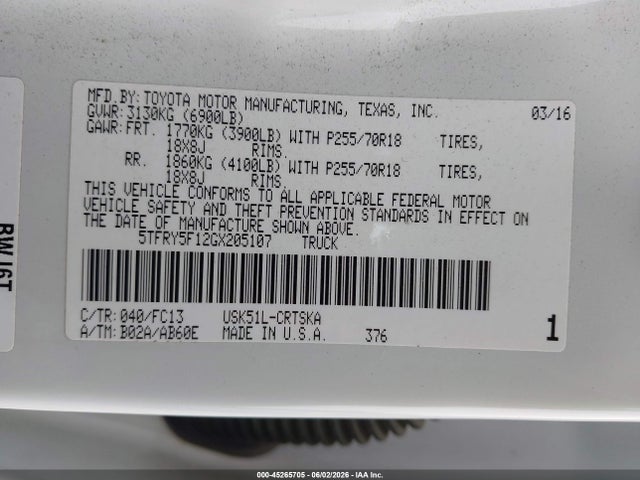 5TFRY5F12GX205107 Toyota Tundra Sr5 5.7l V8