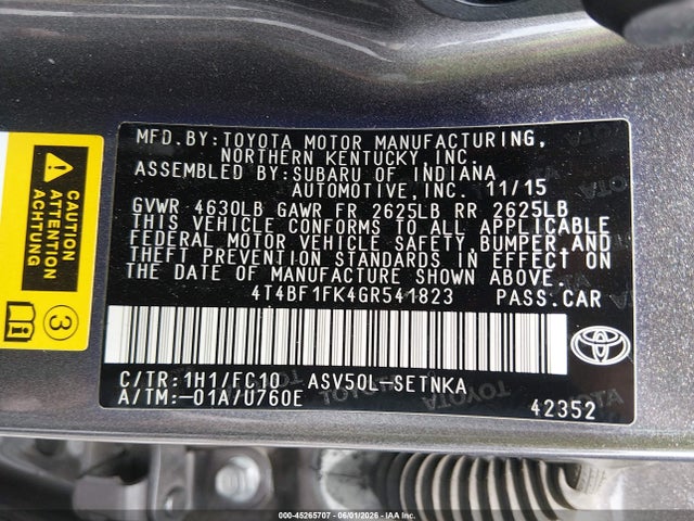 Продаж на аукціоні авто 2016 Toyota Camry Le, vin: 4T4BF1FK4GR541823, номер лоту: 45265707