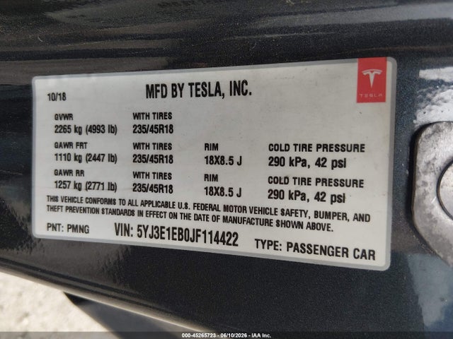 Aukcja sprzedaży 2018 Tesla Model 3 Long Range/performance, vin: 5YJ3E1EB0JF114422, numer aukcji: 45265723