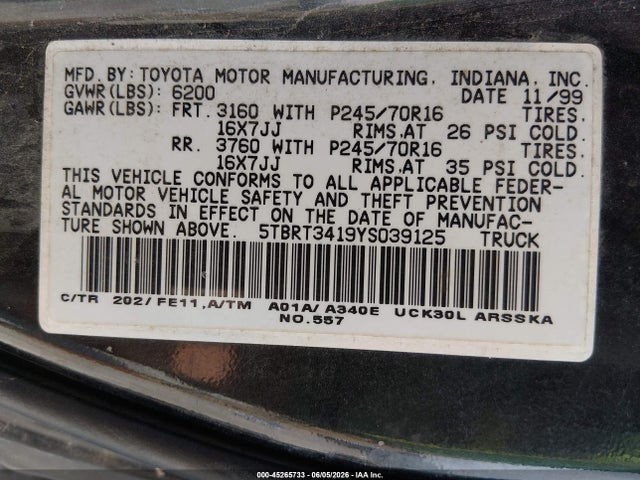 Продаж на аукціоні авто 2000 Toyota Tundra Sr5 V8, vin: 5TBRT3419YS039125, номер лоту: 45265733