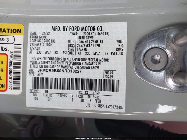 Aukcja sprzedaży 2022 Ford Bronco Sport Big Bend, vin: 3FMCR9B60NRD18227, numer aukcji: 45265736