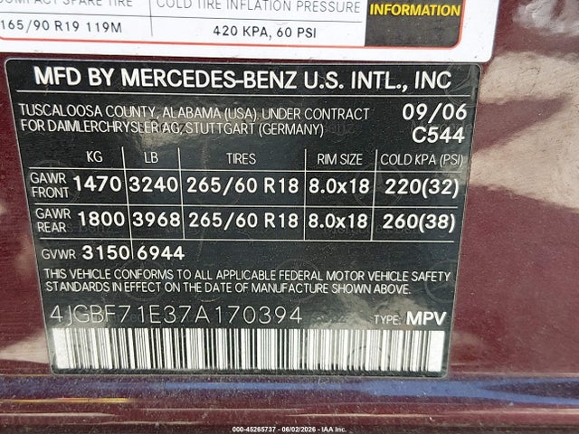 45265737 :رقم المزاد ، 4JGBF71E37A170394 vin ، 2007 Mercedes-benz Gl 450 4matic مزاد بيع