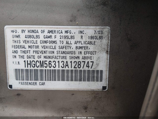 Aukcja sprzedaży 2003 Honda Accord 2.4 Lx, vin: 1HGCM56313A128747, numer aukcji: 45265743