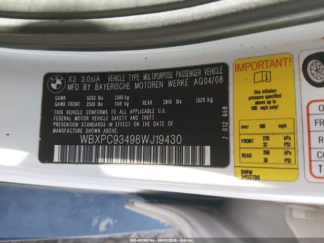 Продаж на аукціоні авто 2008 Bmw X3 3.0si, vin: WBXPC93498WJ19430, номер лоту: 45265744