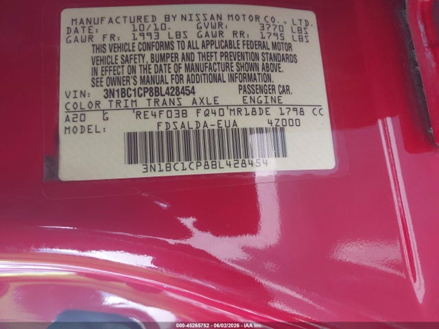 Aukcja sprzedaży 2011 Nissan Versa 1.8s, vin: 3N1BC1CP8BL428454, numer aukcji: 45265752
