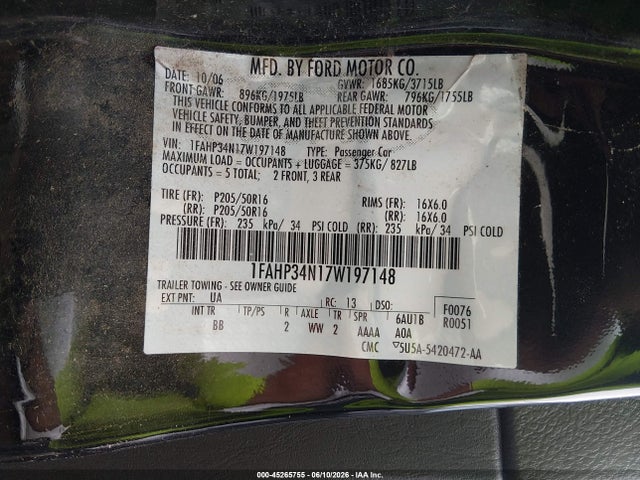 Продажа на аукционе авто 2007 Ford Focus S/se/ses, vin: 1FAHP34N17W197148, номер лота: 45265755