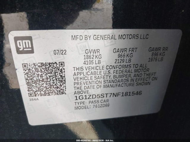 1G1ZD5ST7NF181546 Chevrolet Malibu Fwd Lt