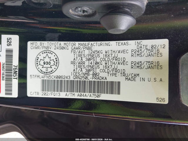 45265766 :رقم المزاد ، 5TFMU4FN5CX006243 vin ، 2012 Toyota Tacoma V6 مزاد بيع