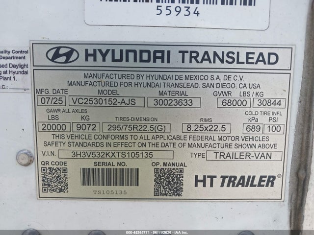 2026 Hyundai Translead Inc Hyundai Translead Inc მანქანა იყიდება აუქციონზე, vin: 3H3V532KXTS105135, აუქციონის ნომერი: 45265771
