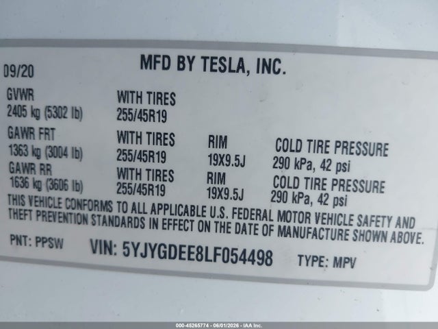 Продаж на аукціоні авто 2020 Tesla Model Y Long Range Dual Motor All-wheel Drive, vin: 5YJYGDEE8LF054498, номер лоту: 45265774