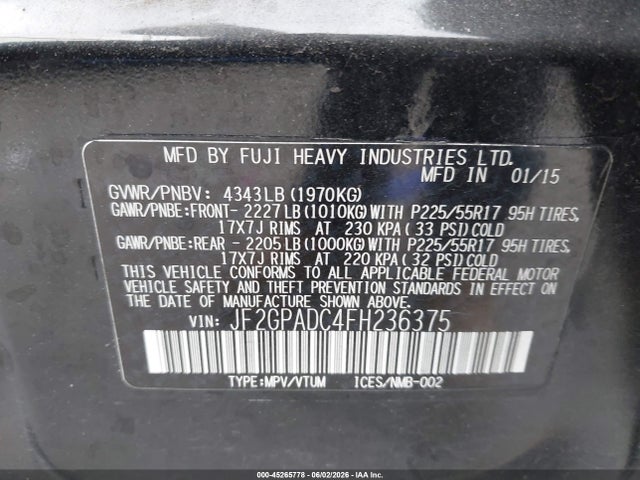 Subaru Xv Crosstrek 2.0i Premium 2015 JF2GPADC4FH236375 Image 9