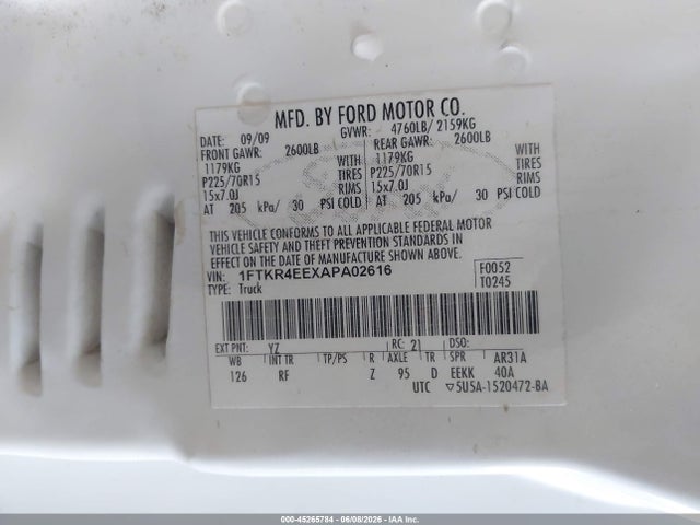 Auction sale of the 2010 Ford Ranger Sport/xlt, vin: 1FTKR4EEXAPA02616, lot number: 45265784