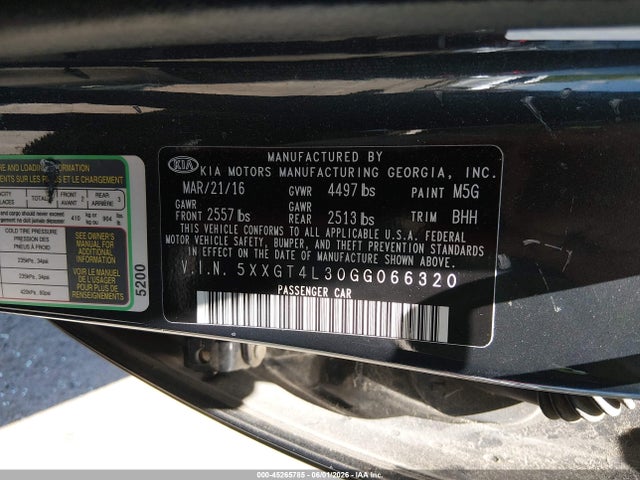45265785 :رقم المزاد ، 5XXGT4L30GG066320 vin ، 2016 Kia Optima Lx مزاد بيع