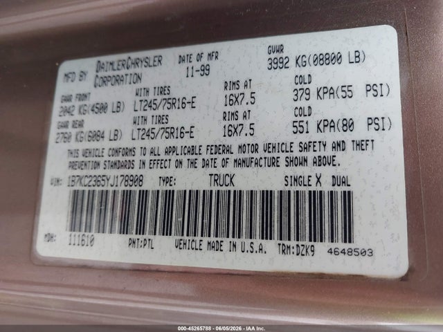 Aukcja sprzedaży 2000 Dodge Ram 2500 St, vin: 1B7KC2365YJ178908, numer aukcji: 45265788