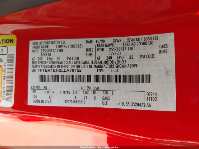 Ford RANGER XL 2020 1FTER1EH2LLA78752 Image 9