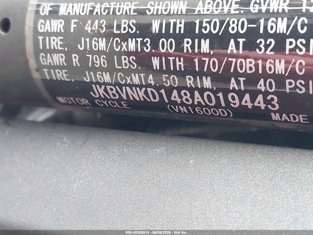 Auction sale of the 2008 Kawasaki Vn1600 D, vin: JKBVNKD148A019443, lot number: 45265810
