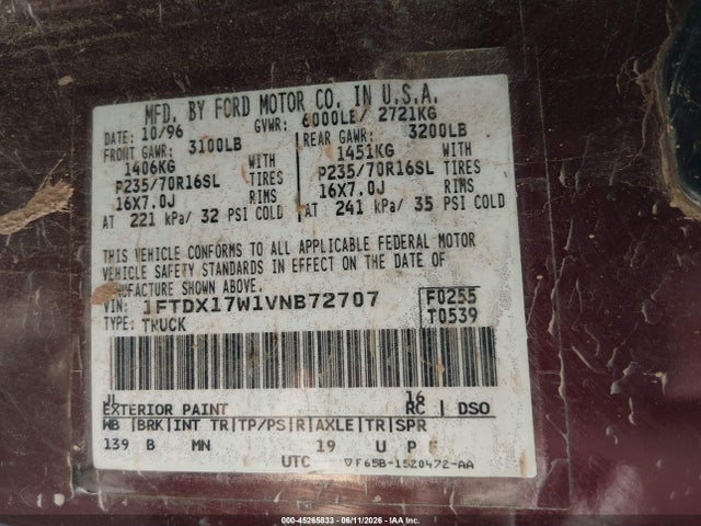 45265833 :رقم المزاد ، 1FTDX17W1VNB72707 vin ، 1997 Ford F-150 Lariat/standard/xl/xlt مزاد بيع