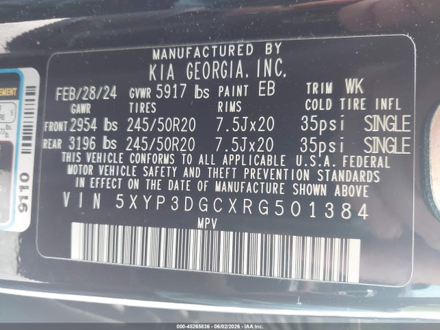 Aukcja sprzedaży 2024 Kia Telluride Ex X-line, vin: 5XYP3DGCXRG501384, numer aukcji: 45265836