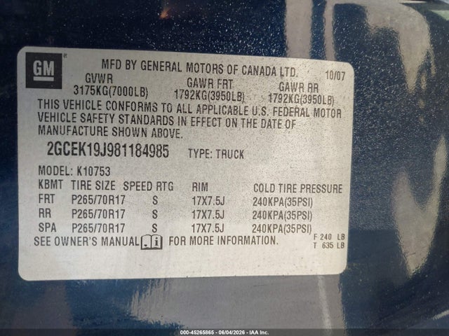 2008 Chevrolet Silverado 1500 Lt1 მანქანა იყიდება აუქციონზე, vin: 2GCEK19J981184985, აუქციონის ნომერი: 45265865