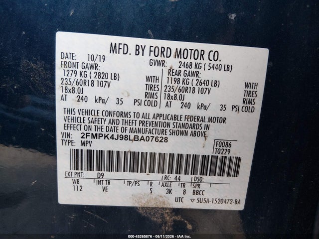 Aukcja sprzedaży 2020 Ford Edge Sel, vin: 2FMPK4J98LBA07628, numer aukcji: 45265876