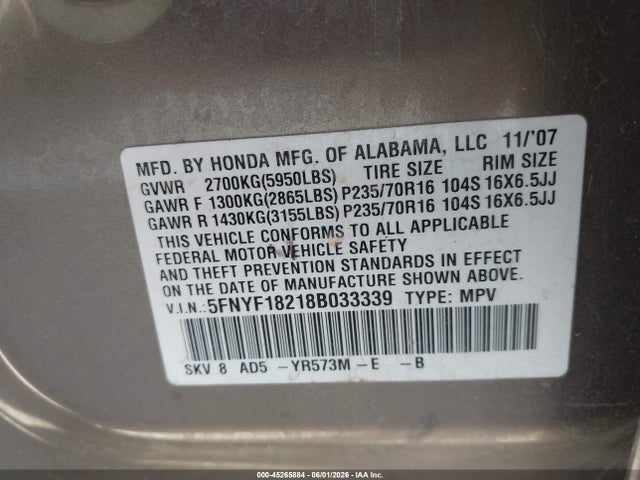 Продаж на аукціоні авто 2008 Honda Pilot Vp, vin: 5FNYF18218B033339, номер лоту: 45265884