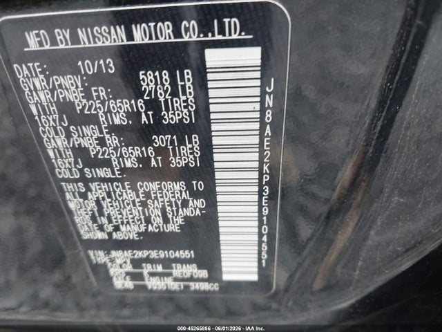 45265886 :رقم المزاد ، JN8AE2KP3E9104551 vin ، 2014 Nissan Quest Sv مزاد بيع