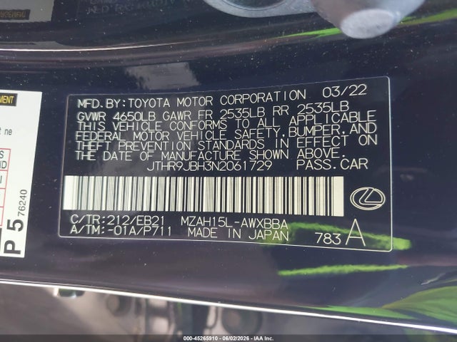 Продажа на аукционе авто 2022 Lexus Ux 250h F Sport, vin: JTHR9JBH3N2061729, номер лота: 45265910