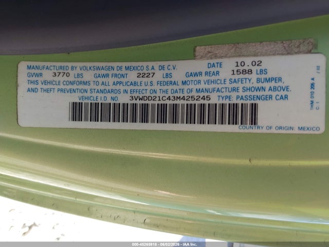 45265918 :رقم المزاد ، 3VWDD21C43M425245 vin ، 2003 Volkswagen New Beetle Glx مزاد بيع