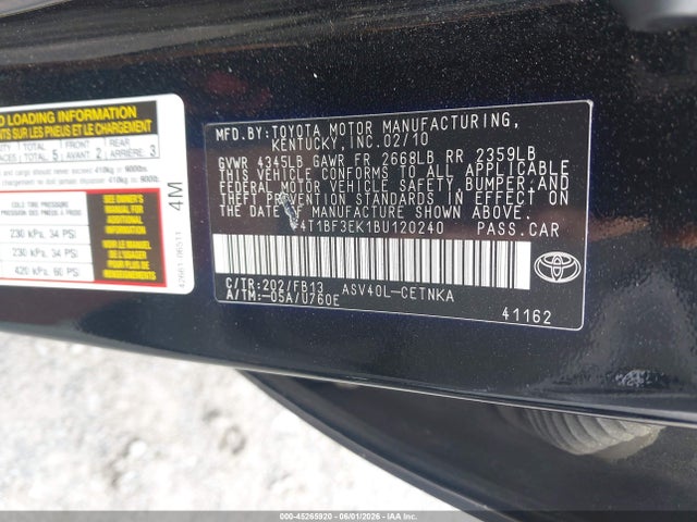 45265920 :رقم المزاد ، 4T1BF3EK1BU120240 vin ، 2011 Toyota Camry Le مزاد بيع
