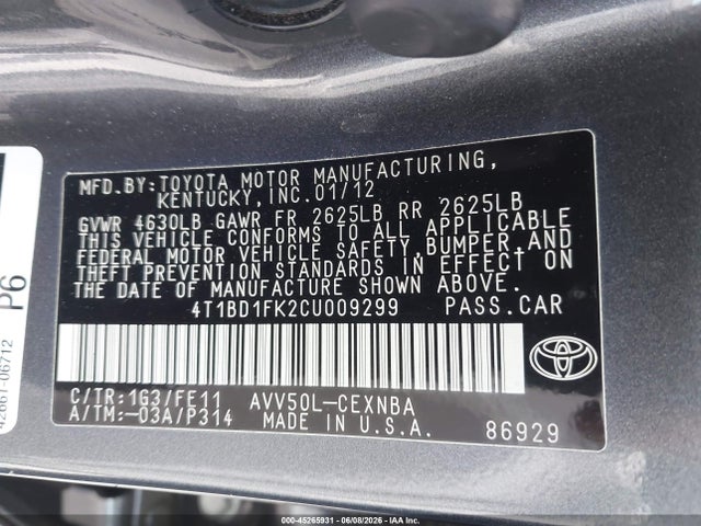 Aukcja sprzedaży 2012 Toyota Camry Hybrid Le, vin: 4T1BD1FK2CU009299, numer aukcji: 45265931