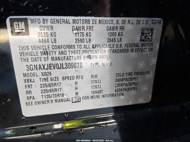 Aukcja sprzedaży 2018 Chevrolet Equinox Lt, vin: 3GNAXJEV0JL309070, numer aukcji: 45265942