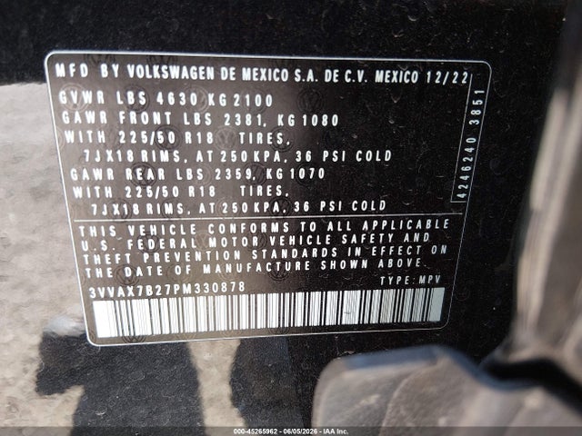 45265962 :رقم المزاد ، 3VVAX7B27PM330878 vin ، 2023 Volkswagen Taos 1.5t S مزاد بيع