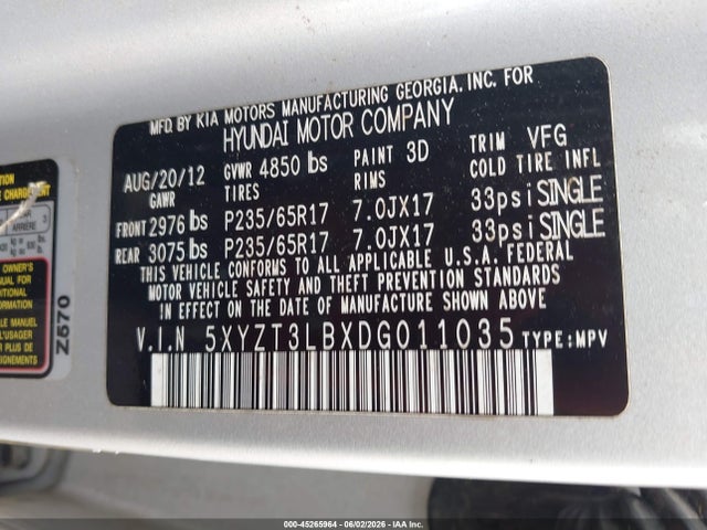 Продажа на аукционе авто 2013 Hyundai Santa Fe Sport, vin: 5XYZT3LBXDG011035, номер лота: 45265964