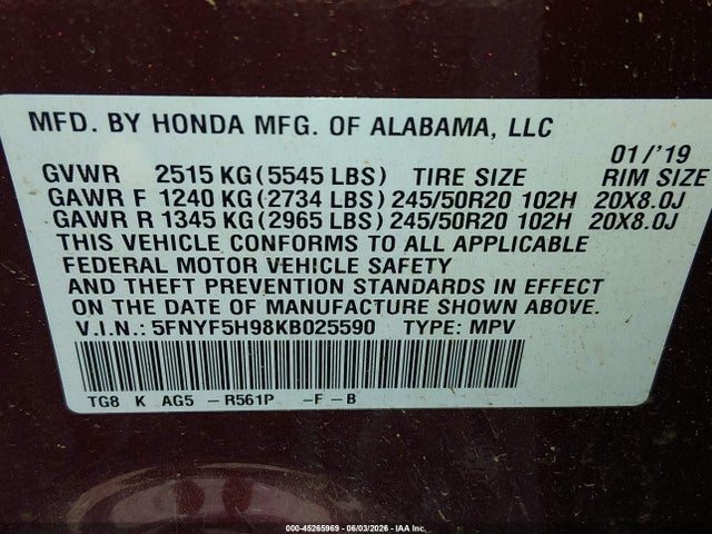 Honda Pilot Touring 2019 5FNYF5H98KB025590 Image 9