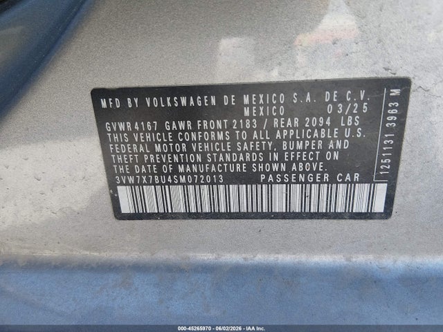 2025 Volkswagen Jetta 1.5t Se მანქანა იყიდება აუქციონზე, vin: 3VW7X7BU4SM072013, აუქციონის ნომერი: 45265970