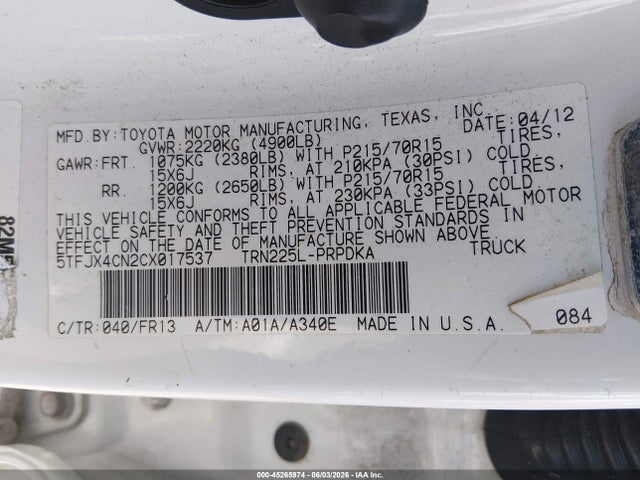 2012 Toyota Tacoma მანქანა იყიდება აუქციონზე, vin: 5TFJX4CN2CX017537, აუქციონის ნომერი: 45265974