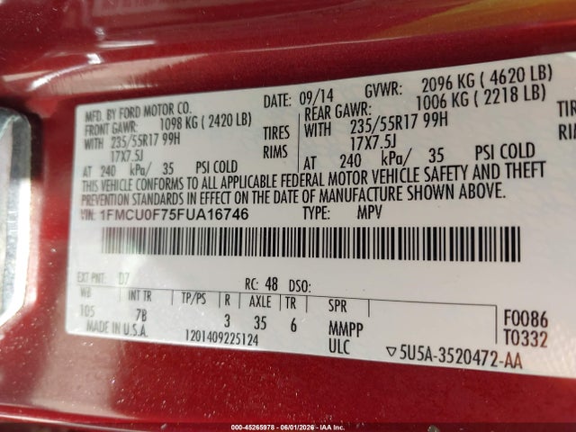 45265978 :رقم المزاد ، 1FMCU0F75FUA16746 vin ، 2015 Ford Escape S مزاد بيع