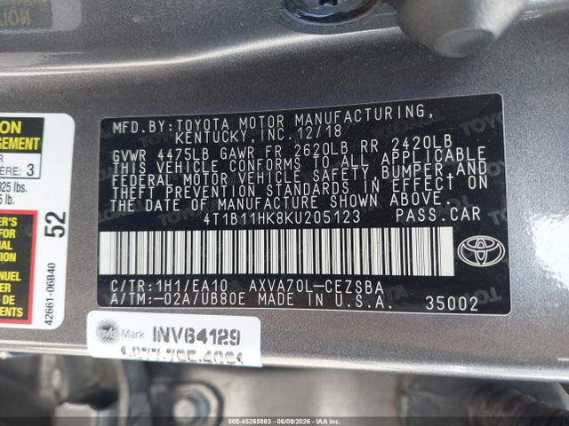 4T1B11HK8KU205123 Toyota CAMRY SE