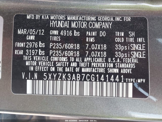 Продажа на аукционе авто 2012 Hyundai Santa Fe Limited, vin: 5XYZK3AB7CG141441, номер лота: 45265985