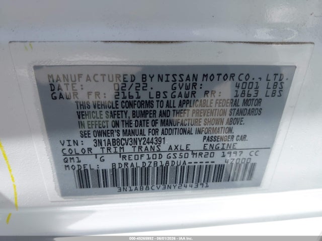 45265992 :رقم المزاد ، 3N1AB8CV3NY244391 vin ، 2022 Nissan Sentra Sv Xtronic Cvt مزاد بيع