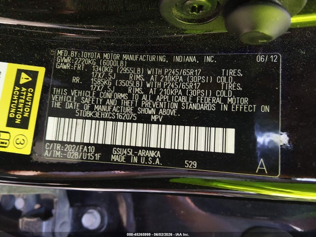 Aukcja sprzedaży 2012 Toyota Highlander Base V6, vin: 5TDBK3EHXCS162075, numer aukcji: 45265999
