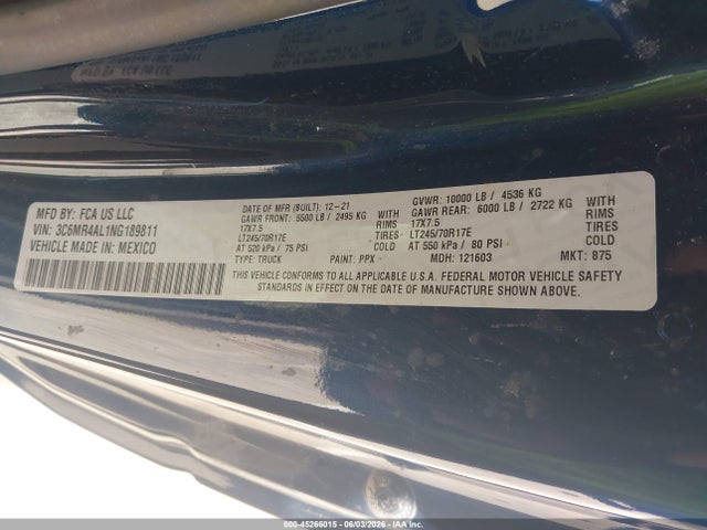 45266015 :رقم المزاد ، 3C6MR4AL1NG189811 vin ، 2022 Ram 2500 Tradesman  4x2 8' Box مزاد بيع
