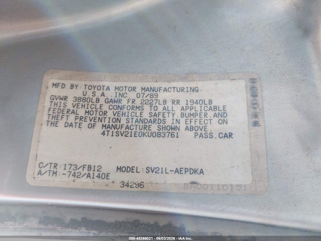 Продажа на аукционе авто 1989 Toyota Camry Dlx, vin: 4T1SV21E0KU083761, номер лота: 45266021