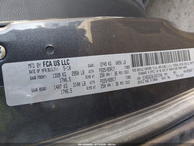 45266029 :رقم المزاد ، 2C4RDGEG8JR327246 vin ، 2018 Dodge Grand Caravan Gt مزاد بيع