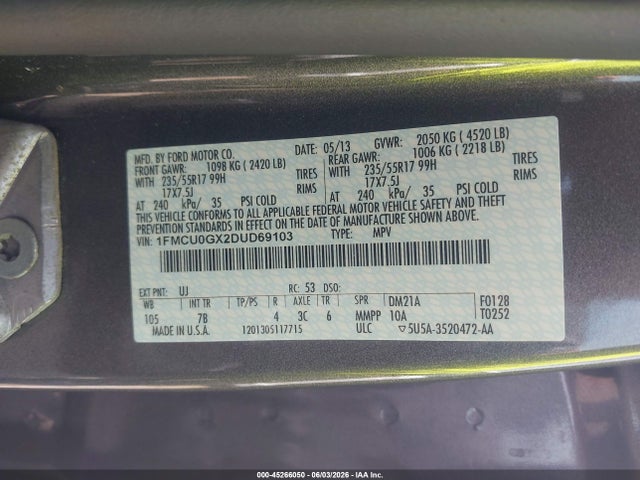 Продаж на аукціоні авто 2013 Ford Escape Se, vin: 1FMCU0GX2DUD69103, номер лоту: 45266050