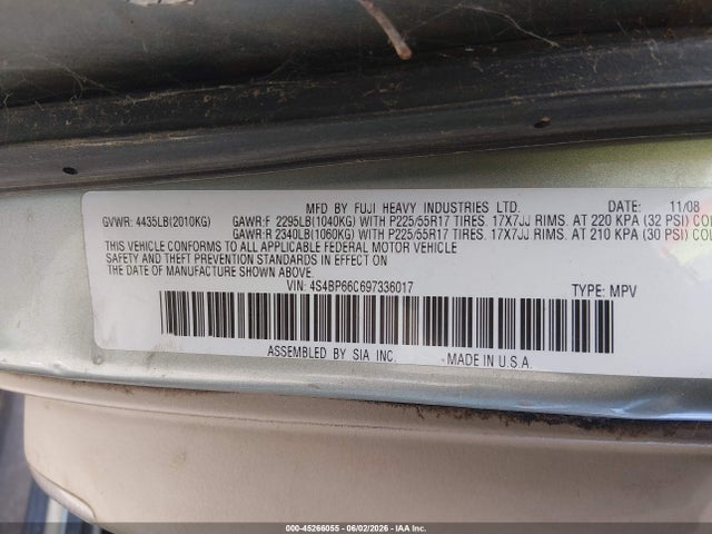 2009 Subaru Outback 2.5i Limited მანქანა იყიდება აუქციონზე, vin: 4S4BP66C697336017, აუქციონის ნომერი: 45266055