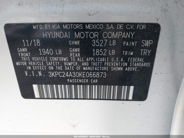 Aukcja sprzedaży 2019 Hyundai Accent Se, vin: 3KPC24A30KE066873, numer aukcji: 45266065
