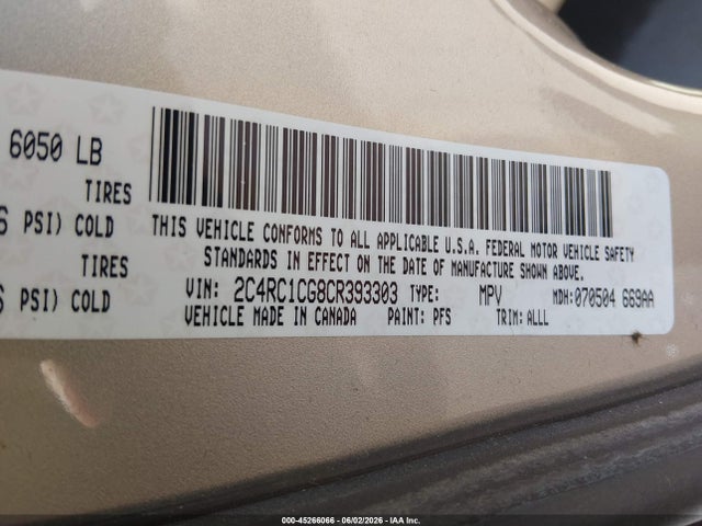 2012 Chrysler Town & Country Touring-l მანქანა იყიდება აუქციონზე, vin: 2C4RC1CG8CR393303, აუქციონის ნომერი: 45266066